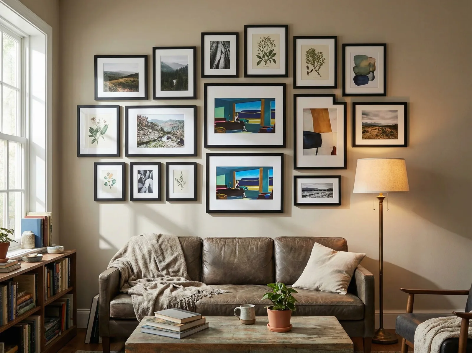Gallery wall arrangement with mixed black frames in a living room