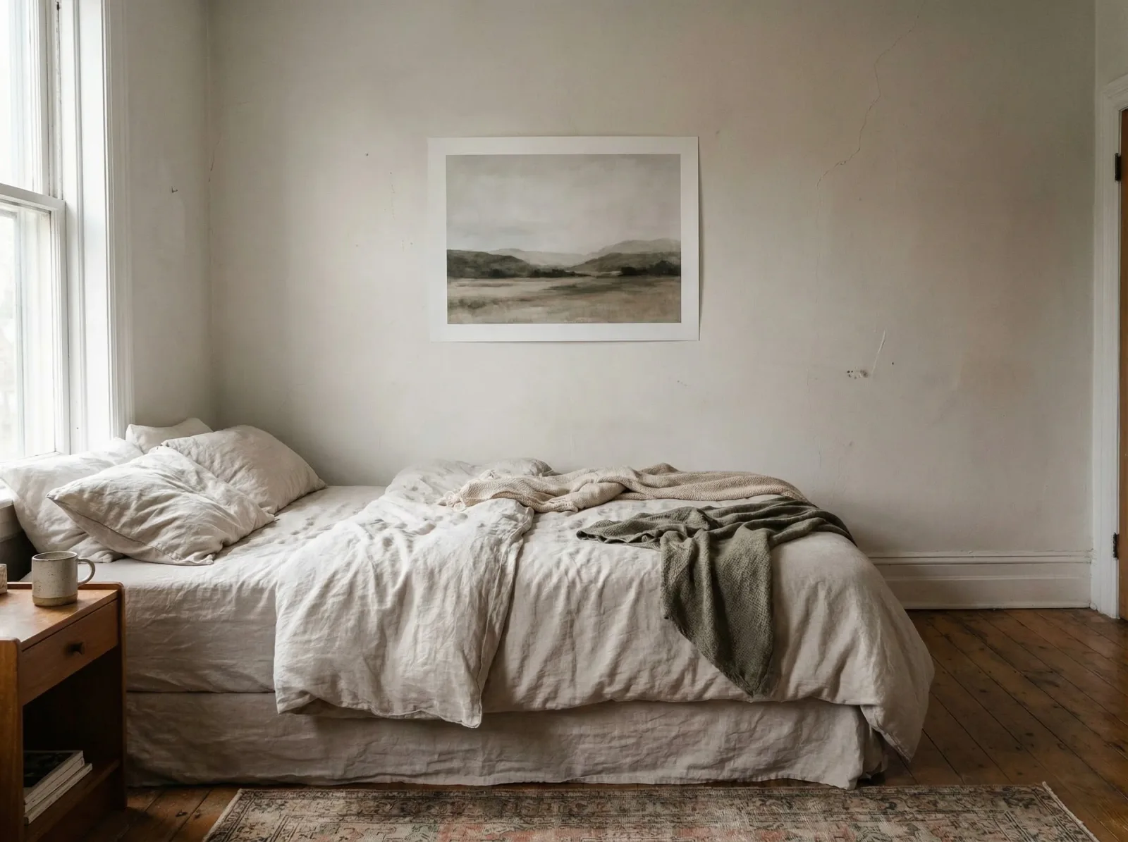 Large print hung above a bed in a bedroom