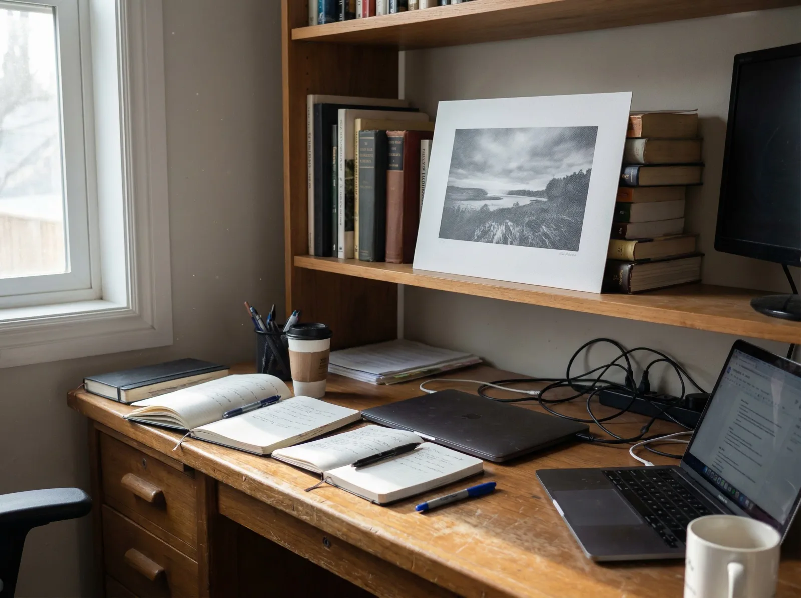 Print displayed on a home office shelf